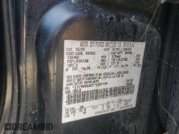 ✅ 2002 Lincoln Blackwood • VIN: 5LTEW05A72KJ01109 • Lot: 44192655. Listed on Copart with Not provided. Free auction sales archive from the USA and detailed vehicle history report at DreamBid. Image 13.