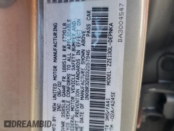 ✅ 2003 Toyota Corolla S • VIN: 1NXBR32E03Z057946 • Lot: 91928315. Wystawiony na Copart z przebiegiem 159 267 mil. Bezpłatny archiwum sprzedaży aukcyjnych z USA i szczegółowy raport historii pojazdu na DreamBid. Zdjęcie 12.