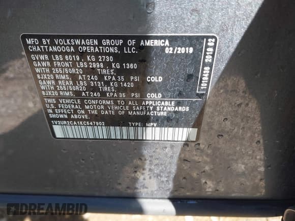 ✅ 2019 Volkswagen Atlas SE • VIN: 1V2UR2CA1KC547902 • Lot: 43154426. Listed on IAAI with 93,477 mi. Free auction sales archive from the USA and detailed vehicle history report at DreamBid. Image 9.