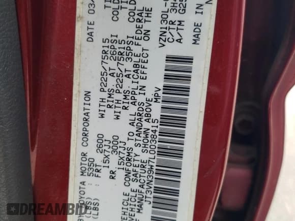 ✅ 1990 Toyota 4Runner • VIN: JT3VN39W7L0038415 • Lot: 67653545. Wystawiony na Copart z przebiegiem 221 773 mil. Bezpłatny archiwum sprzedaży aukcyjnych z USA i szczegółowy raport historii pojazdu na DreamBid. Zdjęcie 12.