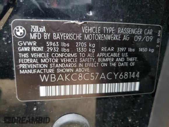 ✅ 2010 BMW 7 Series 750Li xDrive • VIN: WBAKC8C57ACY68144 • Lot: 84947475. Listed on Copart with 132,275 mi. Free auction sales archive from the USA and detailed vehicle history report at DreamBid. Image 12.