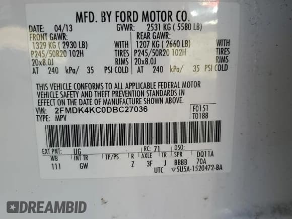 ✅ 2013 Ford Edge Limited • VIN: 2FMDK4KC0DBC27036 • Lot: 93726155. Listed on Copart with 115,586 mi. Free auction sales archive from the USA and detailed vehicle history report at DreamBid. Image 13.