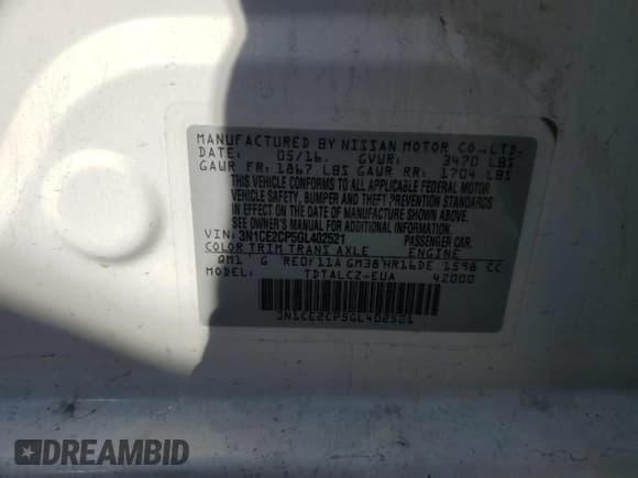 ✅ 2016 Nissan Note S Plus • VIN: 3N1CE2CP5GL402521 • Lot: 58251885. Listed on Copart with Not provided. Free auction sales archive from the USA and detailed vehicle history report at DreamBid. Image 14.