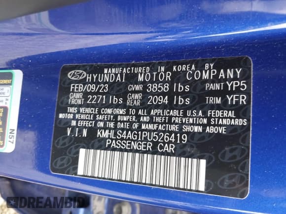 ✅ 2023 Hyundai Elantra SEL • VIN: KMHLS4AG1PU526419 • Lot: 42323170. Listed on IAAI with 47,545 mi. Free auction sales archive from the USA and detailed vehicle history report at DreamBid. Image 9.