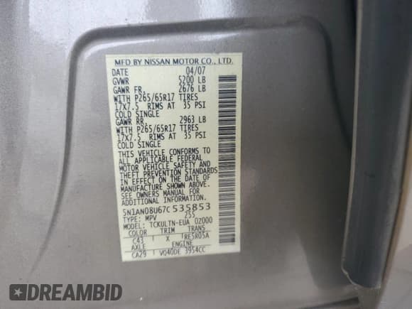 ✅ 2007 Nissan Xterra S • VIN: 5N1AN08U67C535853 • Лот: 69864285. Опубликован ранее на Copart с пробегом 183 783 миль. Бесплатный доступ к архиву аукционных продаж из США и подробный отчёт об истории автомобиля на DreamBid. Изображение 12.