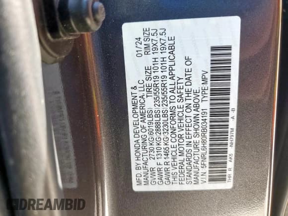 ✅ 2024 Honda Odyssey Touring • VIN: 5FNRL6H80RB034191 • Lot: 81036915. Listed on Copart with 16,978 mi. Free auction sales archive from the USA and detailed vehicle history report at DreamBid. Image 14.