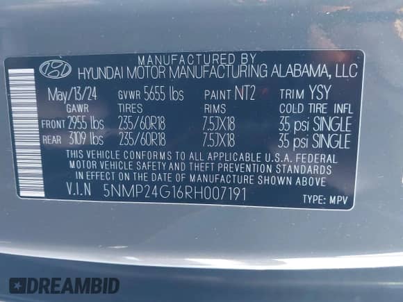 2024 Hyundai Santa Fe SEL с VIN 5NMP24G16RH007191, выставлен на аукционе IAAI как лот 41315881 с пробегом 13 630 миль миль и . История ставок и продаж доступна на DreamBid. Изображение 9.