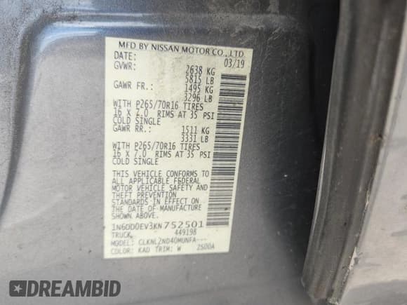 ✅ 2019 Nissan Frontier SV • VIN: 1N6DD0EV3KN752501 • Lot: 69936835. Listed on Copart with 160,682 mi. Free auction sales archive from the USA and detailed vehicle history report at DreamBid. Image 13.