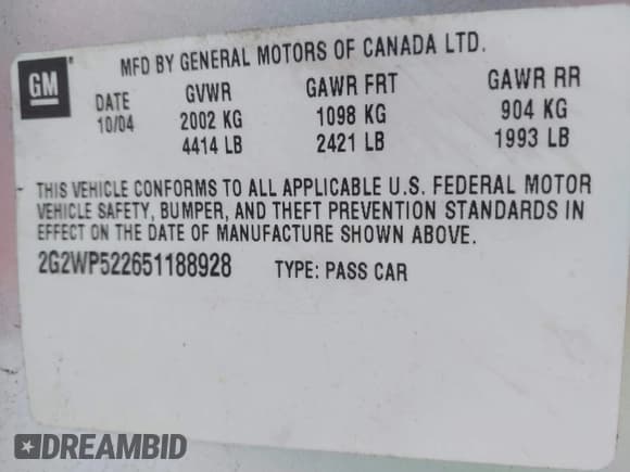 ✅ 2005 Pontiac Grand Prix • VIN: 2G2WP522651188928 • Lot: 43814437. Listed on IAAI with 254,648 mi. Free auction sales archive from the USA and detailed vehicle history report at DreamBid. Image 9.