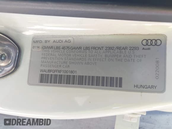 ✅ 2015 Audi A3 Premium • VIN: WAUBFGFFXF1001801 • Lot: 42575023. Listed on IAAI with 173,959 mi. Free auction sales archive from the USA and detailed vehicle history report at DreamBid. Image 9.