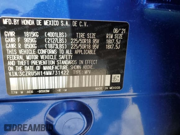 ✅ 2021 Honda HR-V Sport • VIN: 3CZRU5H14MM731422 • Lot: 80691725. Wystawiony na Copart z przebiegiem 40 812 mil. Bezpłatny archiwum sprzedaży aukcyjnych z USA i szczegółowy raport historii pojazdu na DreamBid. Zdjęcie 14.