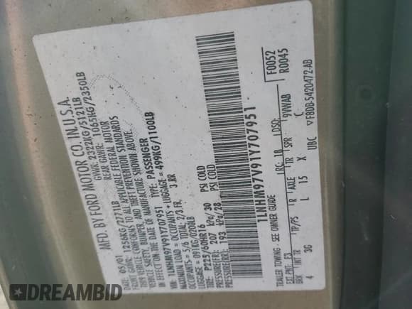 ✅ 2001 Lincoln Continental • VIN: 1LNHM97V91Y707951 • Lot: 79314694. Wystawiony na Copart z przebiegiem 111 605 mil. Bezpłatny archiwum sprzedaży aukcyjnych z USA i szczegółowy raport historii pojazdu na DreamBid. Zdjęcie 15.