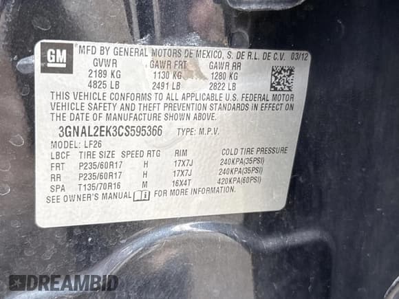 ✅ 2012 Chevrolet Captiva Sport LS • VIN: 3GNAL2EK3CS595366 • Lot: 53100785. Wystawiony na Copart z przebiegiem 208 677 mil. Bezpłatny archiwum sprzedaży aukcyjnych z USA i szczegółowy raport historii pojazdu na DreamBid. Zdjęcie 10.