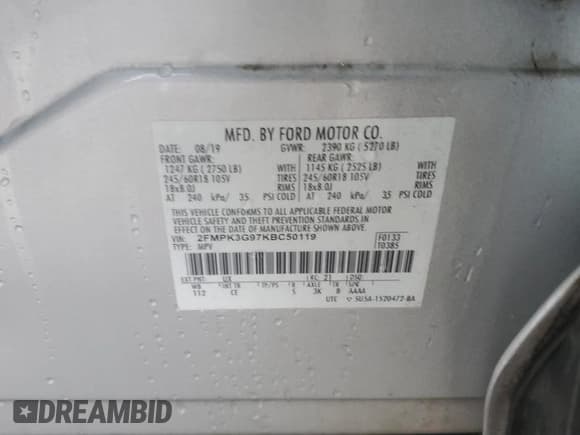 ✅ 2019 Ford Edge SE • VIN: 2FMPK3G97KBC50119 • Лот: 90676055. Опубликован ранее на Copart с пробегом Не указан. Бесплатный доступ к архиву аукционных продаж из США и подробный отчёт об истории автомобиля на DreamBid. Изображение 13.
