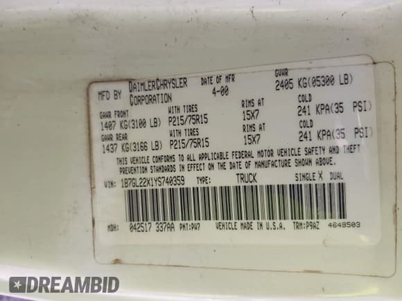 ✅ 2000 Dodge Dakota • VIN: 1B7GL22X1YS740359 • Lot: 42430964. Wystawiony na IAAI z przebiegiem 213 435 mil. Bezpłatny archiwum sprzedaży aukcyjnych z USA i szczegółowy raport historii pojazdu na DreamBid. Zdjęcie 9.