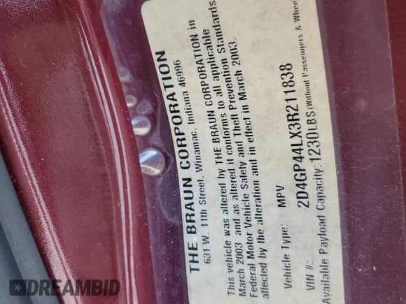 2003 Dodge Caravan Sport with VIN 2D4GP44LX3R211838, listed as a Copart auction lot 74988804 with 107,783 mi miles and Salvage title. Bid and sale history available at DreamBid. Image 13.