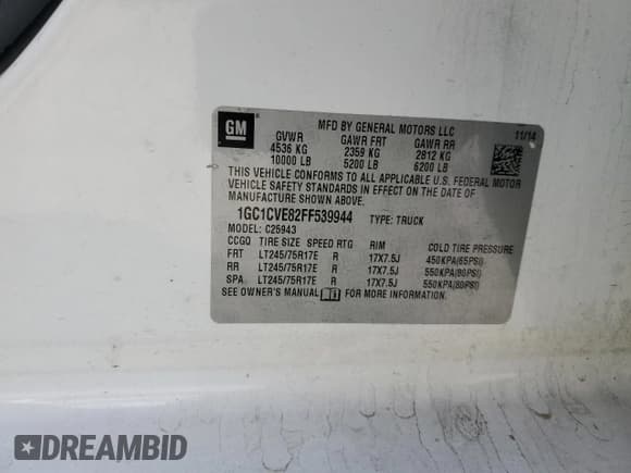 ✅ 2015 Chevrolet Silverado 2500HD LT • VIN: 1GC1CVE82FF539944 • Lot: 51328485. Listed on Copart with 332,109 mi. Free auction sales archive from the USA and detailed vehicle history report at DreamBid. Image 14.