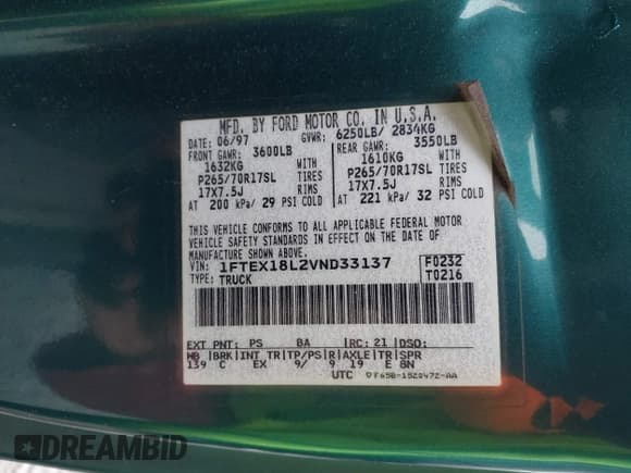 ✅ 1997 Ford F-150 XL • VIN: 1FTEX18L2VND33137 • Lot: 43578023. Wystawiony na IAAI z przebiegiem 148 923 mil. Bezpłatny archiwum sprzedaży aukcyjnych z USA i szczegółowy raport historii pojazdu na DreamBid. Zdjęcie 9.
