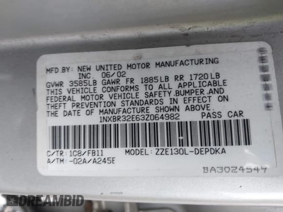 ✅ 2003 Toyota Corolla S • VIN: 1NXBR32E63Z064982 • Lot: 43741022. Listed on IAAI with 287,160 mi. Free auction sales archive from the USA and detailed vehicle history report at DreamBid. Image 9.