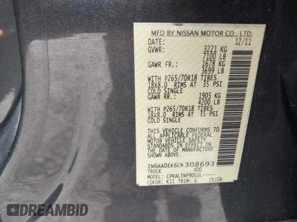 ✅ 2012 Nissan Titan SV • VIN: 1N6AA0EK6CN308693 • Lot: 42669292. Listed on IAAI with 95,652 mi. Free auction sales archive from the USA and detailed vehicle history report at DreamBid. Image 9.