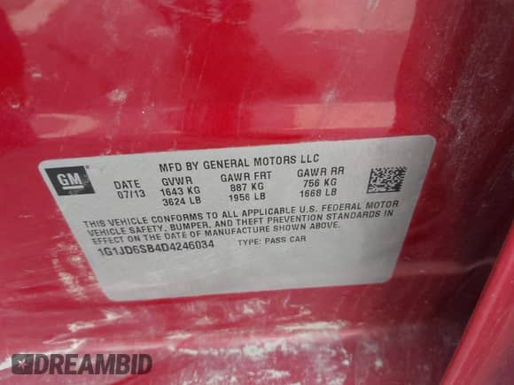 2013 Chevrolet Sonic LT с VIN 1G1JD6SB4D4246034, выставлен на аукционе IAAI как лот 43231702 с пробегом 54 856 миль миль и . История ставок и продаж доступна на DreamBid. Изображение 9.