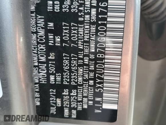 2013 Hyundai Santa Fe Sport with VIN 5XYZUDLB7DG001176, listed as a Copart auction lot 87283175 with 164,378 mi miles and Salvage title. Bid and sale history available at DreamBid. Image 13.