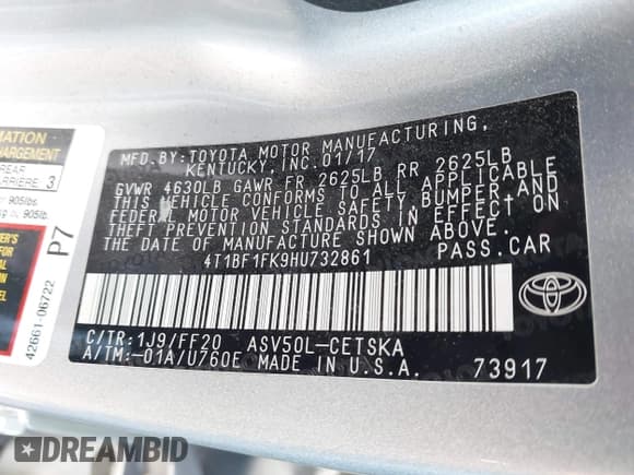 ✅ 2017 Toyota Camry SE • VIN: 4T1BF1FK9HU732861 • Lot: 43673636. Listed on IAAI with 112,985 mi. Free auction sales archive from the USA and detailed vehicle history report at DreamBid. Image 9.