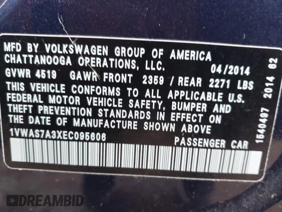 ✅ 2014 Volkswagen Passat S • VIN: 1VWAS7A3XEC095606 • Lot: 43552725. Listed on IAAI with 85,586 mi. Free auction sales archive from the USA and detailed vehicle history report at DreamBid. Image 9.