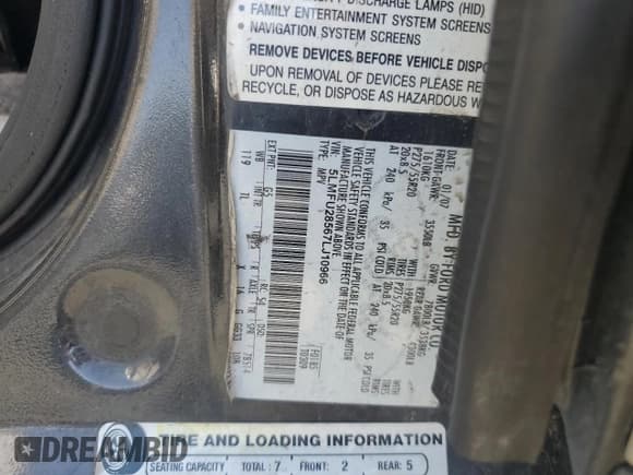 ✅ 2007 Lincoln Navigator • VIN: 5LMFU28567LJ10966 • Lot: 51797625. Listed on Copart with 208,956 mi. Free auction sales archive from the USA and detailed vehicle history report at DreamBid. Image 13.