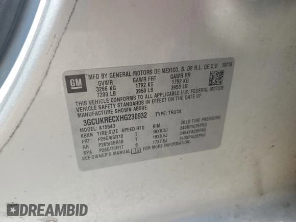 ✅ 2017 Chevrolet Silverado 1500 LT • VIN: 3GCUKRECXHG230932 • Лот: 68038314. Опубликован ранее на Copart с пробегом Не указан. Бесплатный доступ к архиву аукционных продаж из США и подробный отчёт об истории автомобиля на DreamBid. Изображение 12.