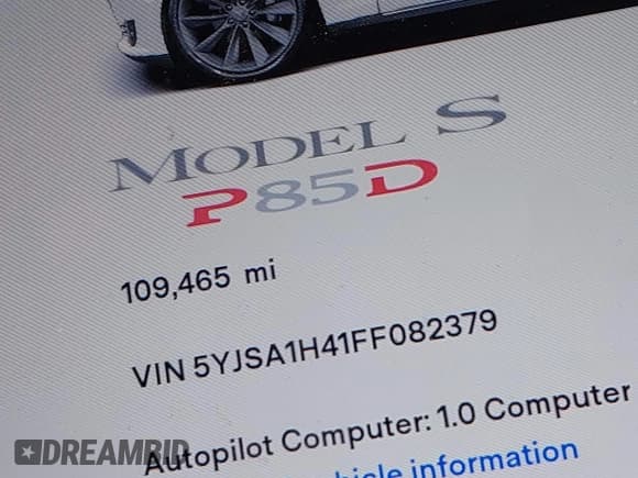 ✅ 2015 Tesla Model S 85D • VIN: 5YJSA1H41FF082379 • Lot: 42321001. Listed on IAAI with 109,465 mi. Free auction sales archive from the USA and detailed vehicle history report at DreamBid. Image 16.