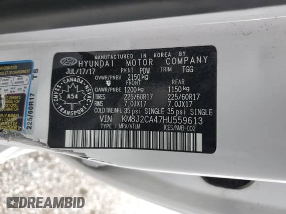 2017 Hyundai Tucson with VIN KM8J2CA47HU559613, listed as a Copart auction lot 87197395 with 95,502 mi miles and Salvage title. Bid and sale history available at DreamBid. Image 13.