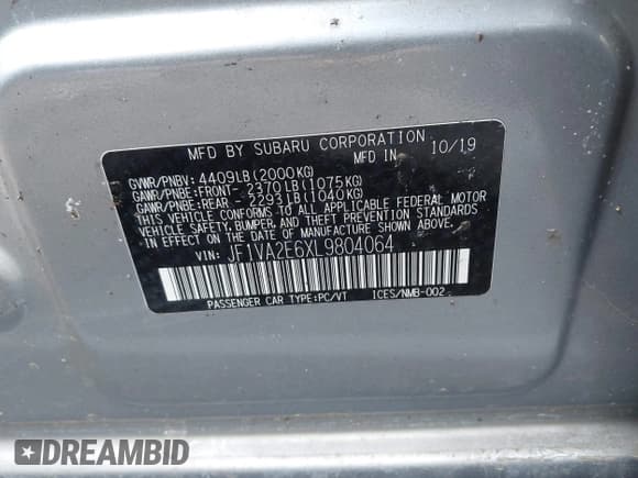 ✅ 2020 Subaru WRX STI • VIN: JF1VA2E6XL9804064 • Lot: 41655444. Listed on IAAI with Not provided. Free auction sales archive from the USA and detailed vehicle history report at DreamBid. Image 9.