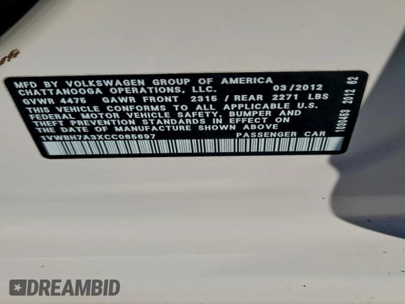 ✅ 2012 Volkswagen Passat SE • VIN: 1VWBH7A3XCC065697 • Lot: 96518195. Listed on Copart with 166,646 mi. Free auction sales archive from the USA and detailed vehicle history report at DreamBid. Image 12.