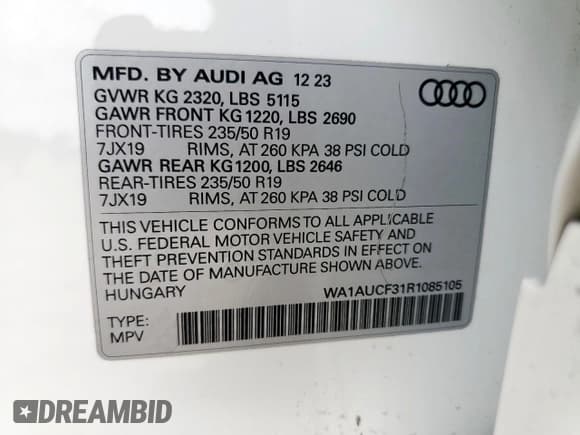 ✅ 2024 Audi Q3 Premium • VIN: WA1AUCF31R1085105 • Lot: 57482305. Wystawiony na Copart z przebiegiem 12 334 mil. Bezpłatny archiwum sprzedaży aukcyjnych z USA i szczegółowy raport historii pojazdu na DreamBid. Zdjęcie 13.