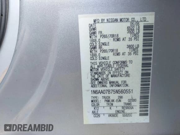 ✅ 2005 Nissan Titan LE • VIN: 1N6AA07B75N560551 • Lot: 42576963. Listed on IAAI with 224,478 mi. Free auction sales archive from the USA and detailed vehicle history report at DreamBid. Image 9.