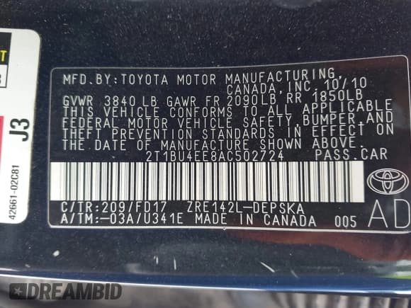 ✅ 2010 Toyota Corolla • VIN: 2T1BU4EE8AC502724 • Lot: 42335173. Listed on IAAI with 190,648 mi. Free auction sales archive from the USA and detailed vehicle history report at DreamBid. Image 9.