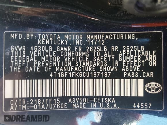 ✅ 2012 Toyota Camry SE • VIN: 4T1BF1FK6CU197187 • Lot: 87228965. Wystawiony na Copart z przebiegiem 187 200 mil. Bezpłatny archiwum sprzedaży aukcyjnych z USA i szczegółowy raport historii pojazdu na DreamBid. Zdjęcie 13.