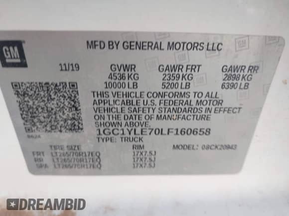 2020 Chevrolet Silverado 2500HD Work Truck z VIN 1GC1YLE70LF160658, wystawiony jako IAAI lot #42499550 z przebiegiem 148 081 mil mil oraz . Historia ofert i sprzedaży dostępna na DreamBid. Obrazek 9.