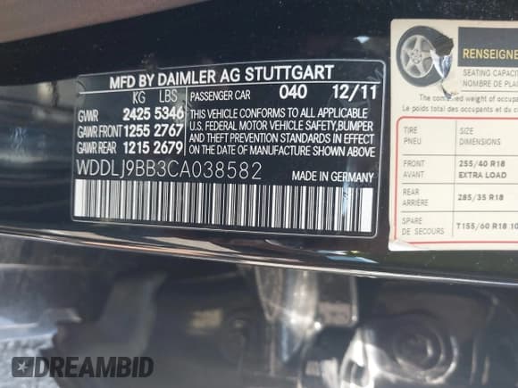 ✅ 2012 Mercedes-Benz CLS 550 • VIN: WDDLJ9BB3CA038582 • Lot: 42545299. Listed on IAAI with 139,653 mi. Free auction sales archive from the USA and detailed vehicle history report at DreamBid. Image 9.