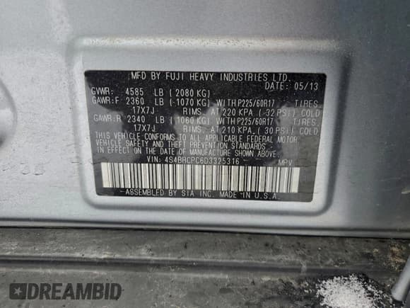 ✅ 2013 Subaru Outback Limited • VIN: 4S4BRCPC6D3325316 • Lot: 94097855. Listed on Copart with 82,138 mi. Free auction sales archive from the USA and detailed vehicle history report at DreamBid. Image 13.