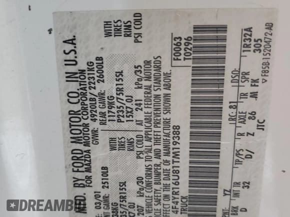 ✅ 2001 Mazda B-Series DS • VIN: 4F4YR16U81TM19388 • Лот: 61783525. Опубликован ранее на Copart с пробегом 242 945 миль. Бесплатный доступ к архиву аукционных продаж из США и подробный отчёт об истории автомобиля на DreamBid. Изображение 12.