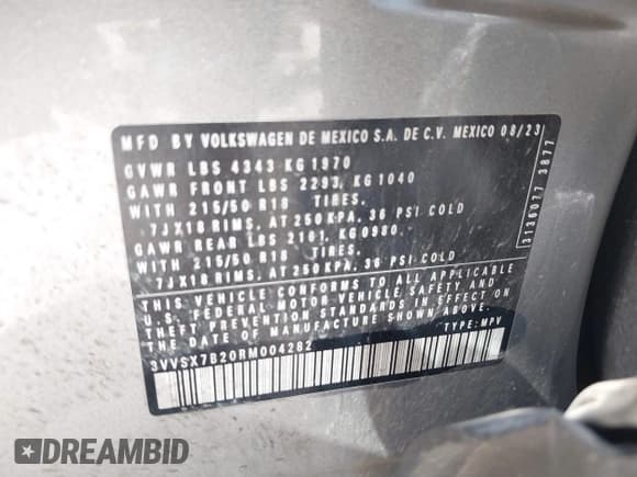 ✅ 2024 Volkswagen Taos SE • VIN: 3VVSX7B20RM004282 • Lot: 42515315. Wystawiony na IAAI z przebiegiem 37 516 mil. Bezpłatny archiwum sprzedaży aukcyjnych z USA i szczegółowy raport historii pojazdu na DreamBid. Zdjęcie 9.