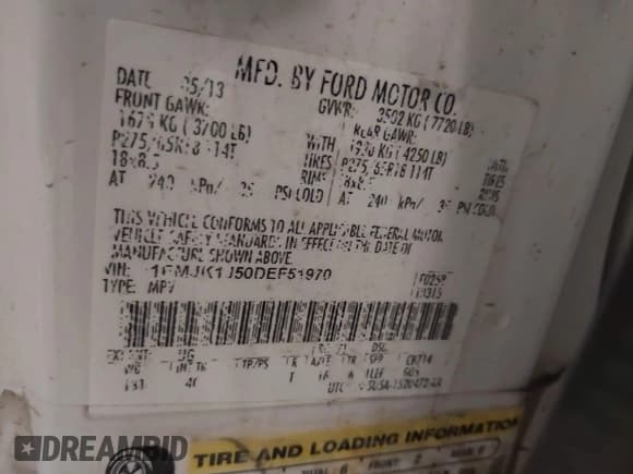 ✅ 2013 Ford Expedition Max XLT • VIN: 1FMJK1J50DEF51970 • Лот: 42086959. Опубликован ранее на IAAI с пробегом 189 457 миль. Бесплатный доступ к архиву аукционных продаж из США и подробный отчёт об истории автомобиля на DreamBid. Изображение 9.