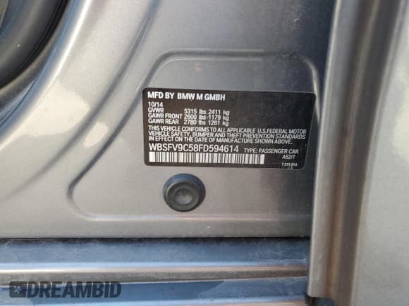 ✅ 2015 BMW M5 • VIN: WBSFV9C58FD594614 • Лот: 67559005. Опубликован ранее на Copart с пробегом Не указан. Бесплатный доступ к архиву аукционных продаж из США и подробный отчёт об истории автомобиля на DreamBid. Изображение 12.