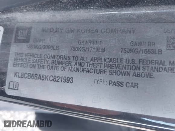 ✅ 2019 Chevrolet Spark LS • VIN: KL8CB6SA5KC821993 • Лот: 43492155. Опубликован ранее на IAAI с пробегом 88 424 миль. Бесплатный доступ к архиву аукционных продаж из США и подробный отчёт об истории автомобиля на DreamBid. Изображение 9.