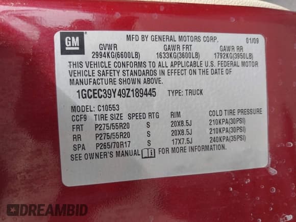 ✅ 2009 Chevrolet Silverado 1500 • VIN: 1GCEC39Y49Z189445 • Lot: 41933868. Wystawiony na IAAI z przebiegiem 209 596 mil. Bezpłatny archiwum sprzedaży aukcyjnych z USA i szczegółowy raport historii pojazdu na DreamBid. Zdjęcie 9.