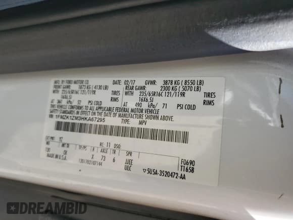 ✅ 2017 Ford Transit XL • VIN: 1FMZK1ZM3HKA67295 • Lot: 85893285. Wystawiony na Copart z przebiegiem 94 581 mil. Bezpłatny archiwum sprzedaży aukcyjnych z USA i szczegółowy raport historii pojazdu na DreamBid. Zdjęcie 14.