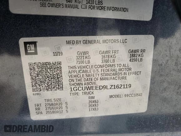 ✅ 2020 Chevrolet Silverado 1500 • VIN: 1GCUWEED9LZ162119 • Lot: 69660514. Listed on Copart with 104,467 mi. Free auction sales archive from the USA and detailed vehicle history report at DreamBid. Image 12.