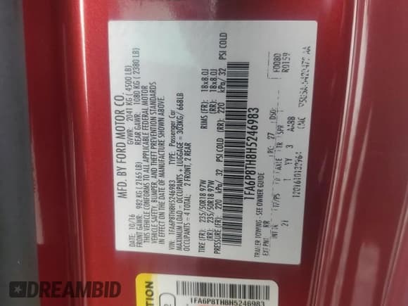 ✅ 2017 Ford Mustang EcoBoost • VIN: 1FA6P8TH8H5246983 • Lot: 81306555. Listed on Copart with 73,235 mi. Free auction sales archive from the USA and detailed vehicle history report at DreamBid. Image 12.